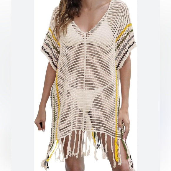 Beach Pool Coverup White Yellow & Black Mesh Sleeveless With Tassels - Picture 1 of 9